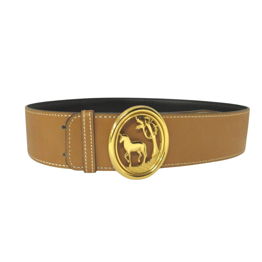 Hermes Horse Buckle Reversible Belt Vintage Black Brown Gold — view 2