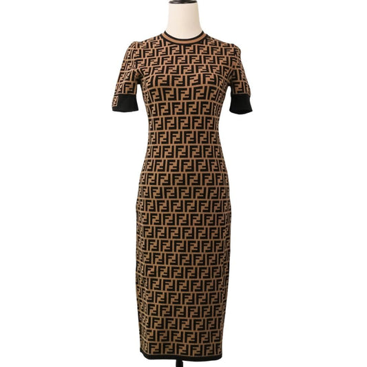 Fendi Zucca Jacquard Jersey Knit Dress Long 36 Brown Black