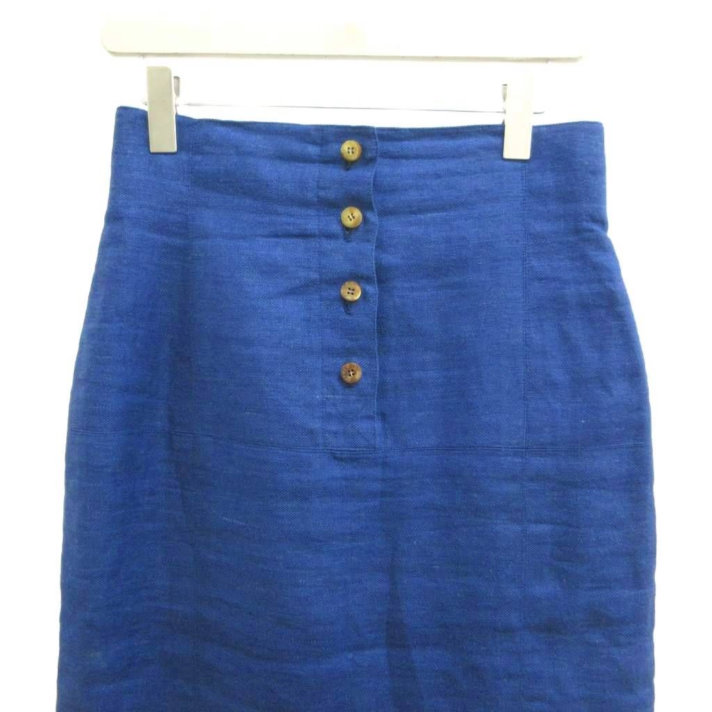 Hermes Skirt Hemp Linen 38 Blue Button Fly Midi Length Logo PP — view 3