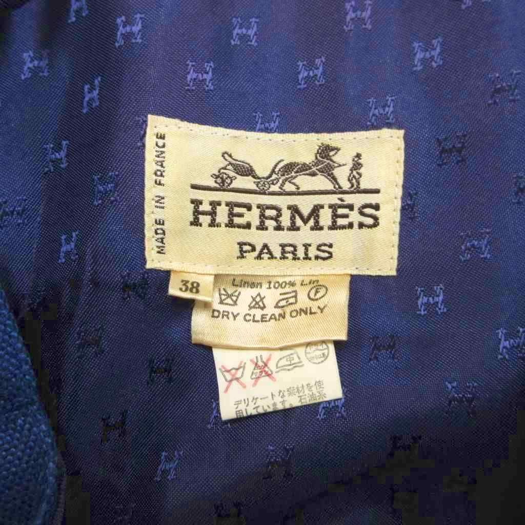 Hermes Skirt Hemp Linen 38 Blue Button Fly Midi Length Logo PP — view 4