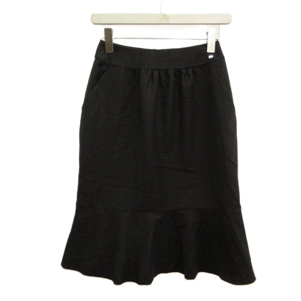 Chanel Mermaid Skirt Wool 34 Black Pocket Striped Pattern Knee Length CC Logo PP