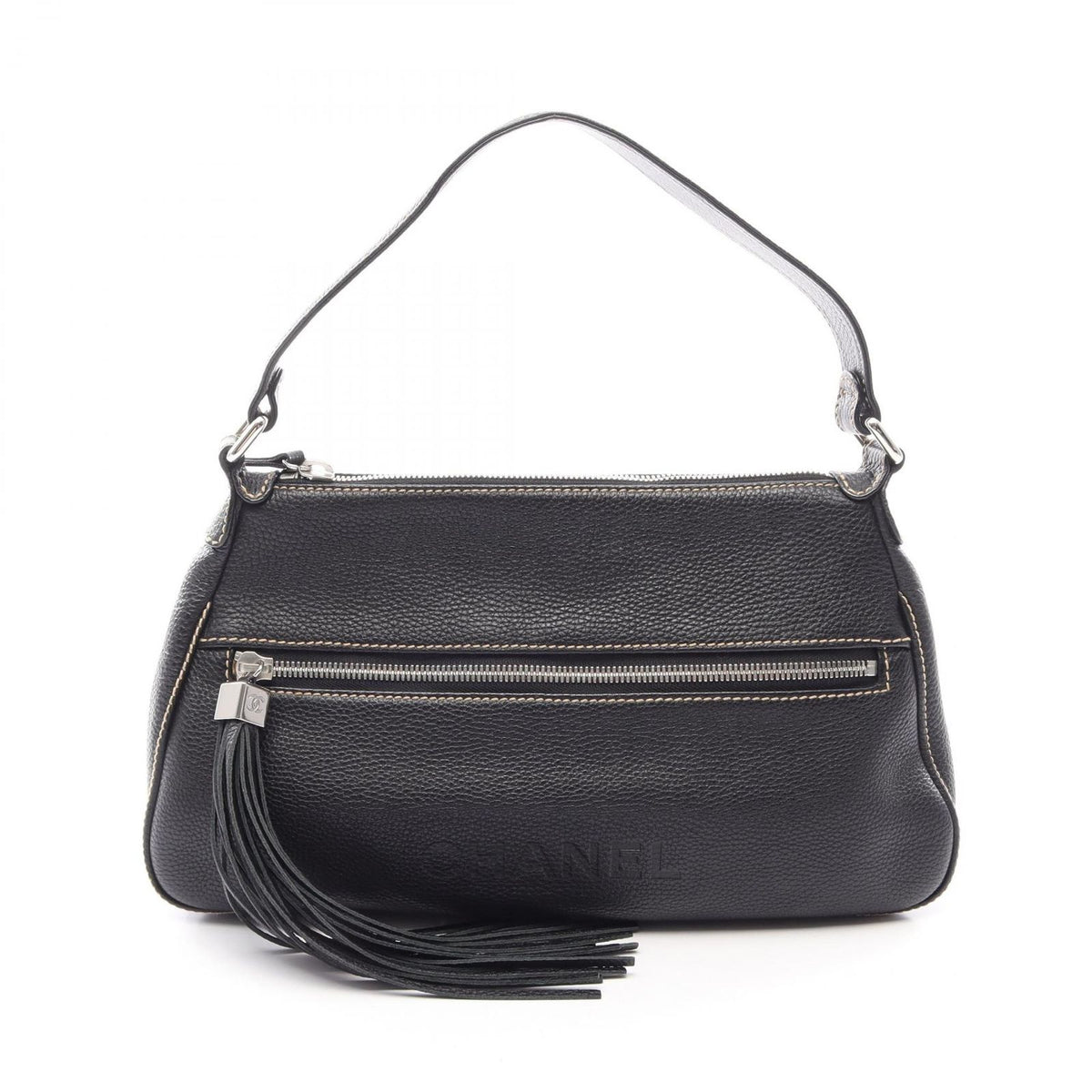 Chanel Shoulder Bag Logo Fringe Black Leather