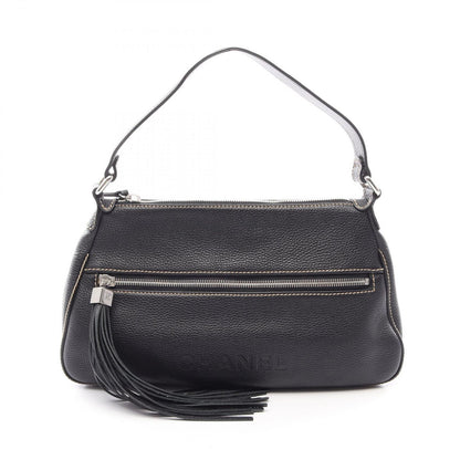Chanel Shoulder Bag Logo Fringe Black Leather