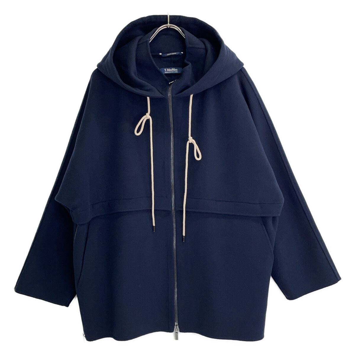 Max Mara S Cucito Amano Navy Virgin Wool Drawstring W-zip Hooded Coat
