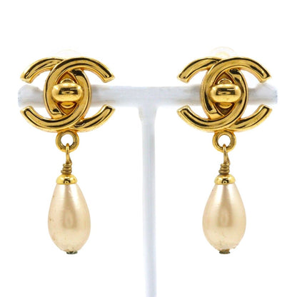 Chanel 96P CC Logo Turnlock Motif Vintage Gold Plated Faux Pearl Earrings