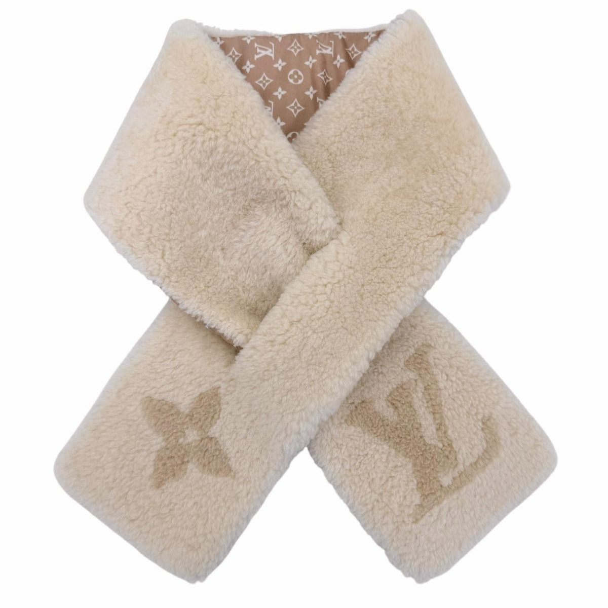 Louis Vuitton Monogram Shearling Scarf LV Logo Beige — view 3