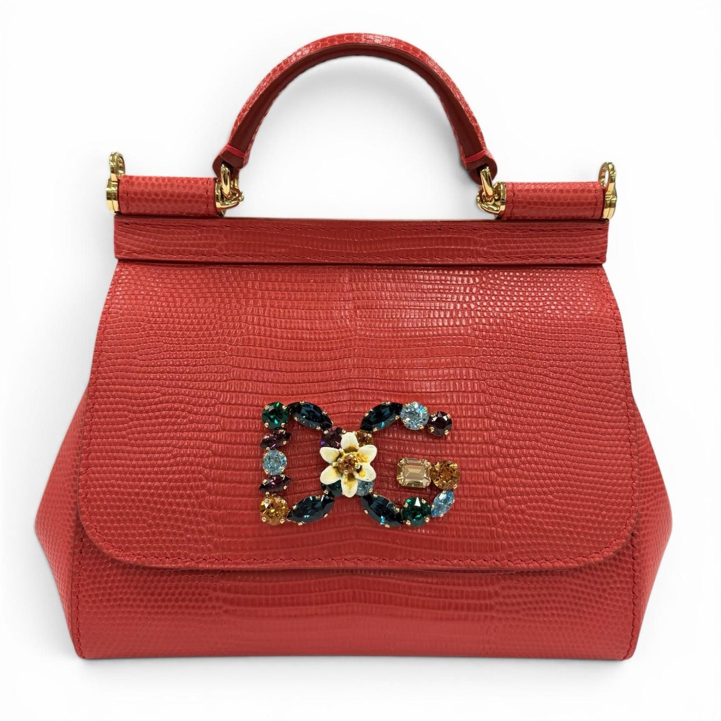 Dolce & Gabbana Sicily Iguana Print Leather Crystal DG Logo Patch Chain