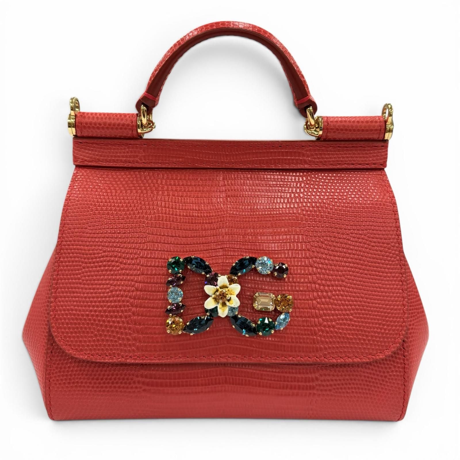 Dolce & Gabbana Sicily Iguana Print Leather Crystal DG Logo Patch Chain