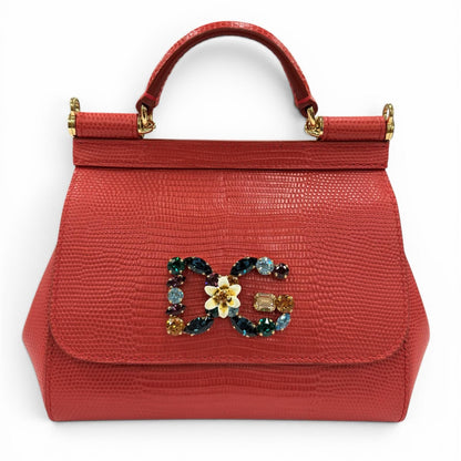 Dolce & Gabbana Sicily Iguana Print Leather Crystal DG Logo Patch Chain