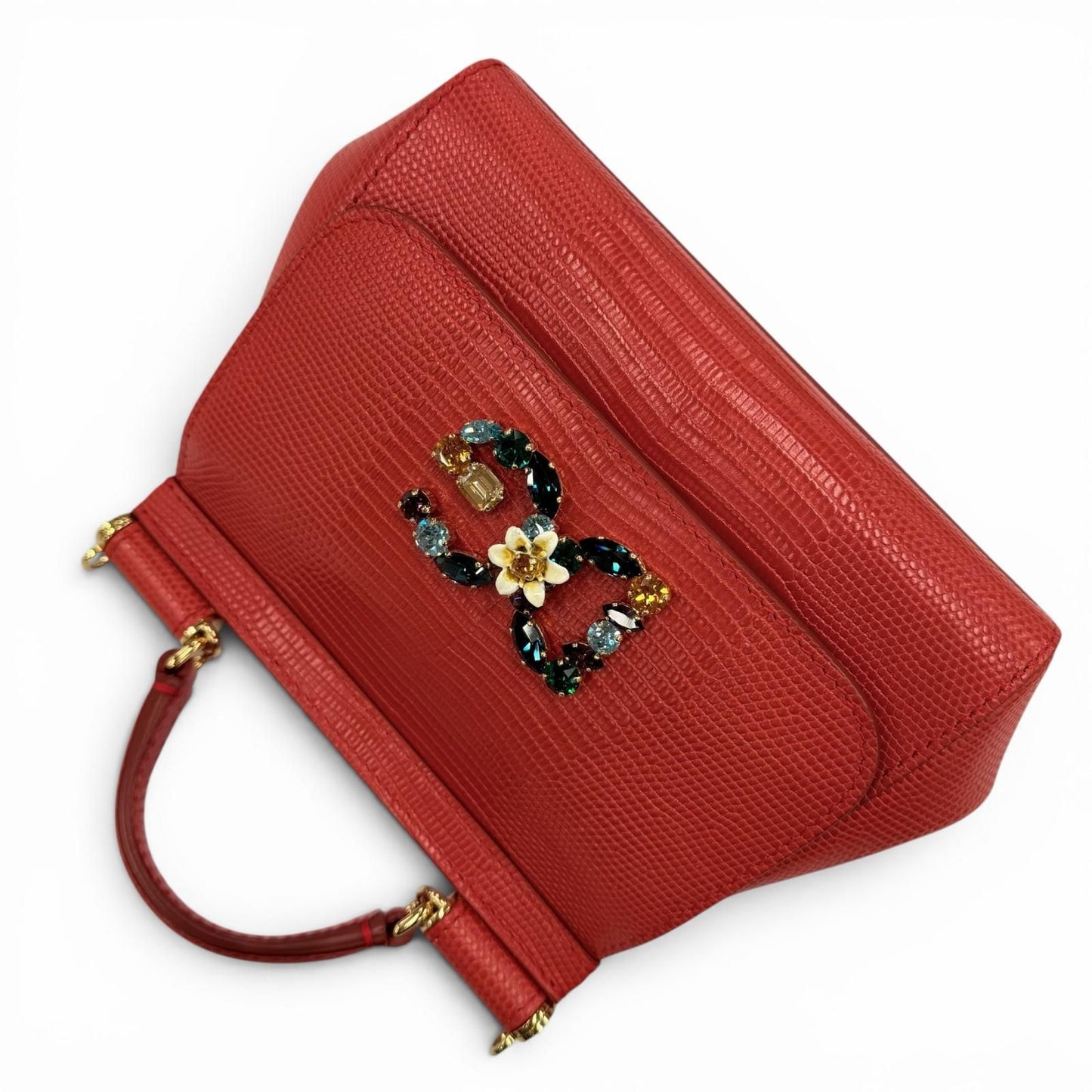 Dolce & Gabbana Sicily Iguana Print Leather Crystal DG Logo Patch Chain — view 6