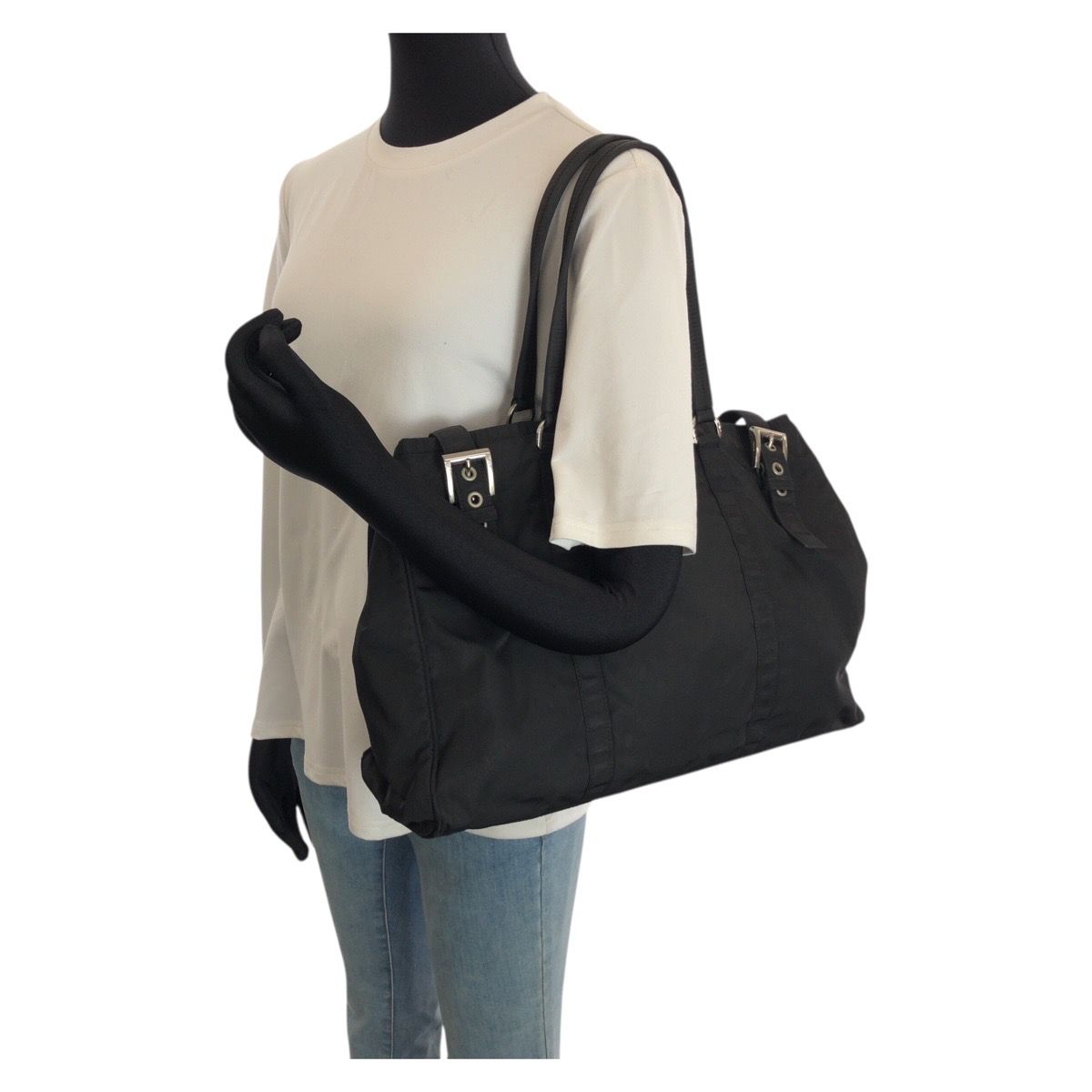 Prada Tessuto Black Silver Nylon Tote Shoulder Bag — view 7