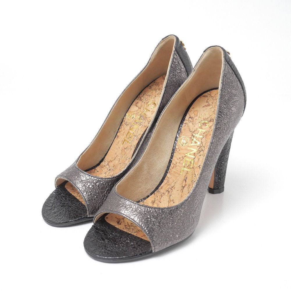 Chanel Pumps c Open Toe Shoes CC Logo Metallic 34