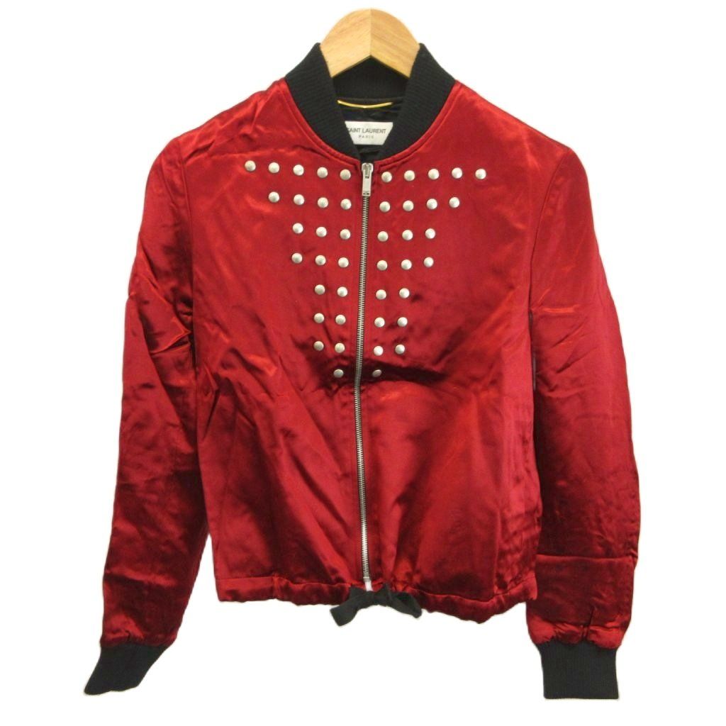 Saint Laurent Paris Bomber Jacket Satin Silk Blend Zip Up Studs 34 XS