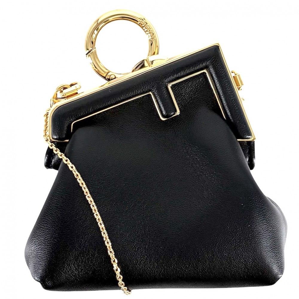 Fendi Shoulder Bag Nano Fast Charm Chain Leather Black Gold