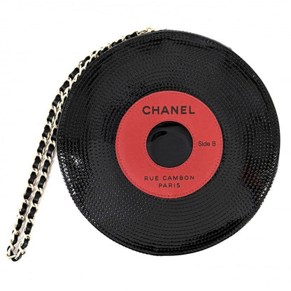 Chanel Clutch Record Chain Pouch Patent Leather Black Gold — view 2