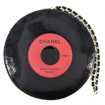 Chanel Clutch Record Chain Pouch Patent Leather Black Gold