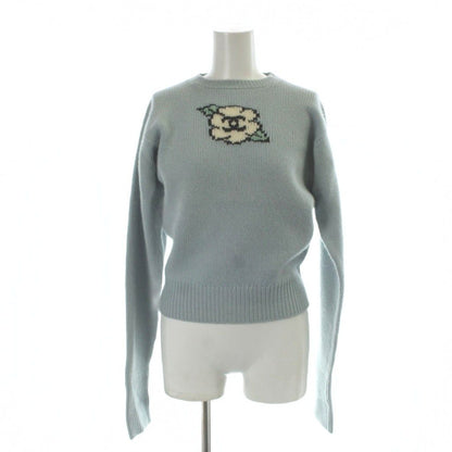 Chanel 95A Vintage Cashmere Knit Sweater Camellia CC Logo Long Sleeve 40 M Blue
