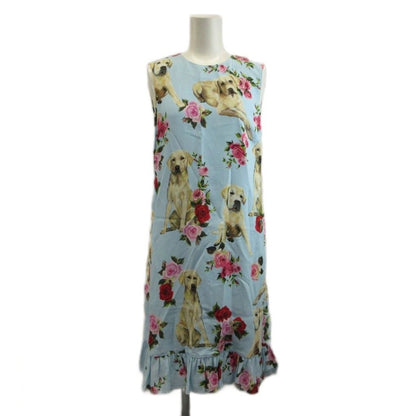 Dolce & Gabbana Dress Sleeveless Knee Length Ruffle Dog Labrador Rose Print