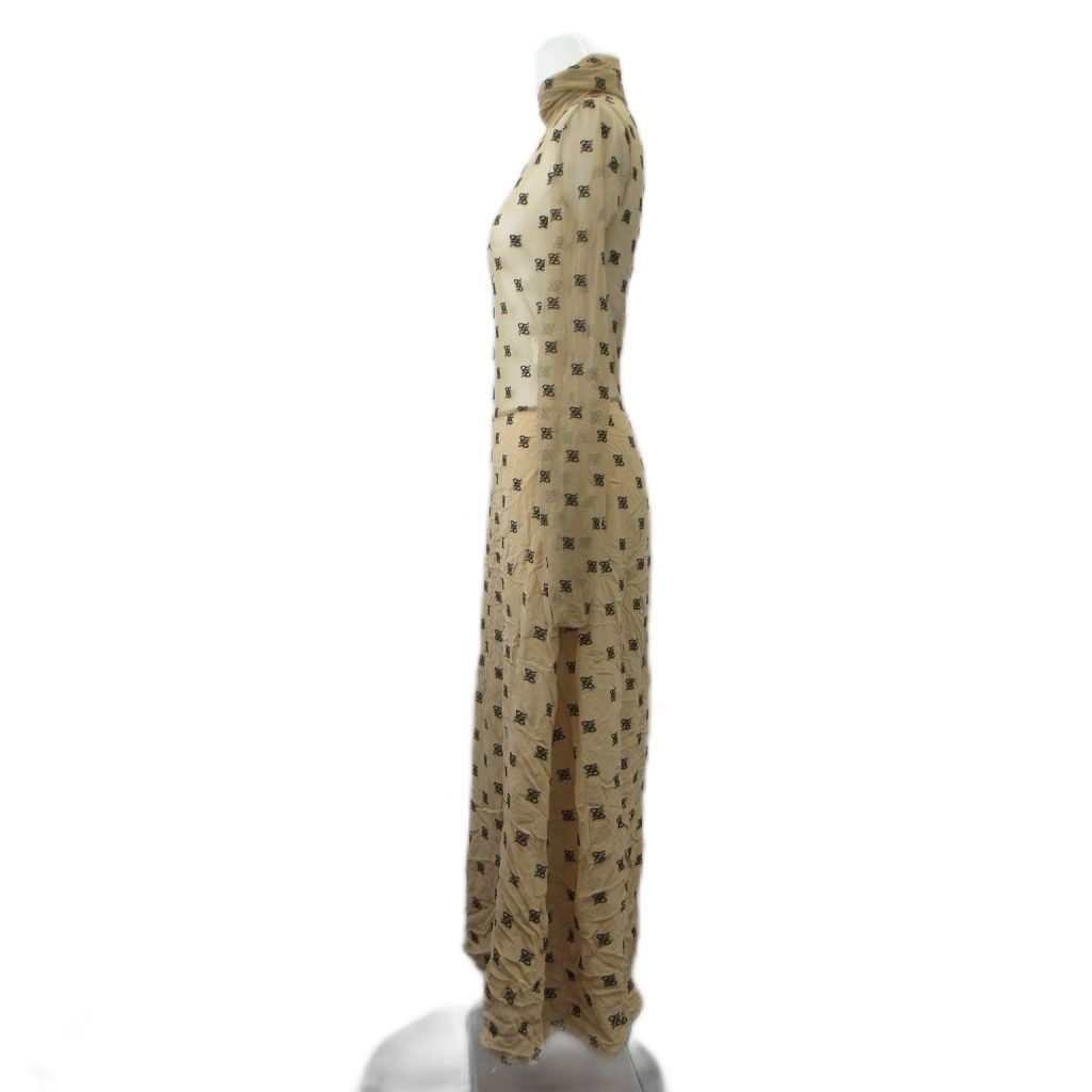 Fendi Long Dress 38 Beige All Over Pattern Mesh Long Sleeve High Neck Logo PP — view 3