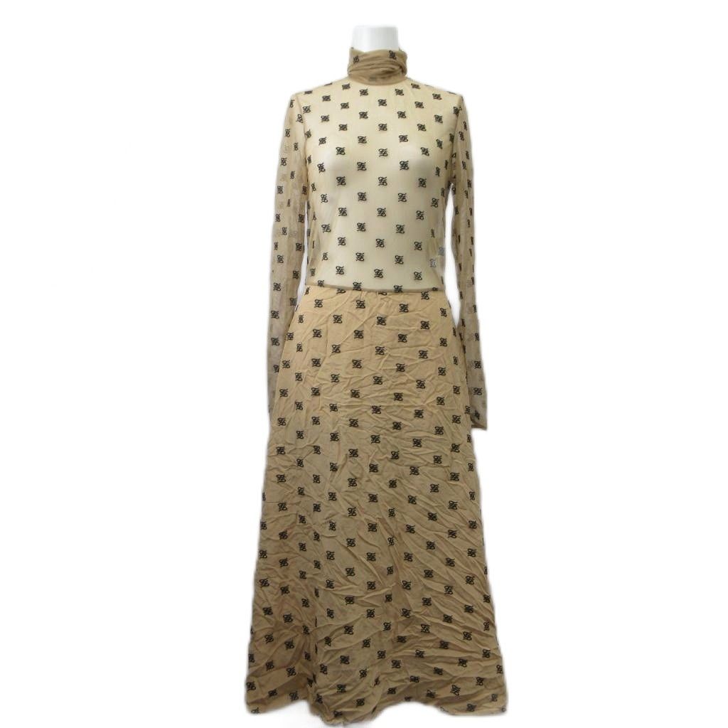 Fendi Long Dress 38 Beige All Over Pattern Mesh Long Sleeve High Neck Logo PP
