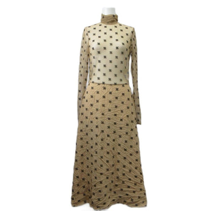 Fendi Long Dress 38 Beige All Over Pattern Mesh Long Sleeve High Neck Logo PP