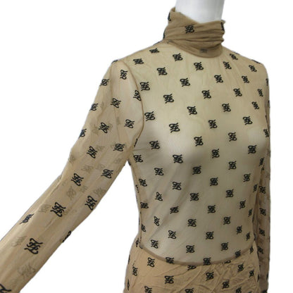 Fendi Long Dress 38 Beige All Over Pattern Mesh Long Sleeve High Neck Logo PP — view 4