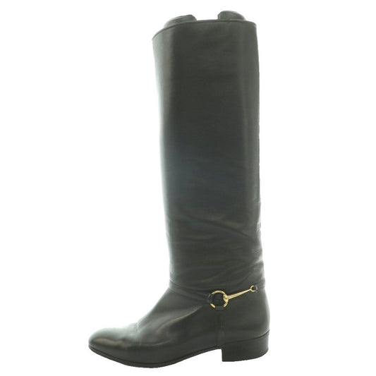 Gucci Vintage Round Toe Long Boots Horsebit Details Leather Black SS 36