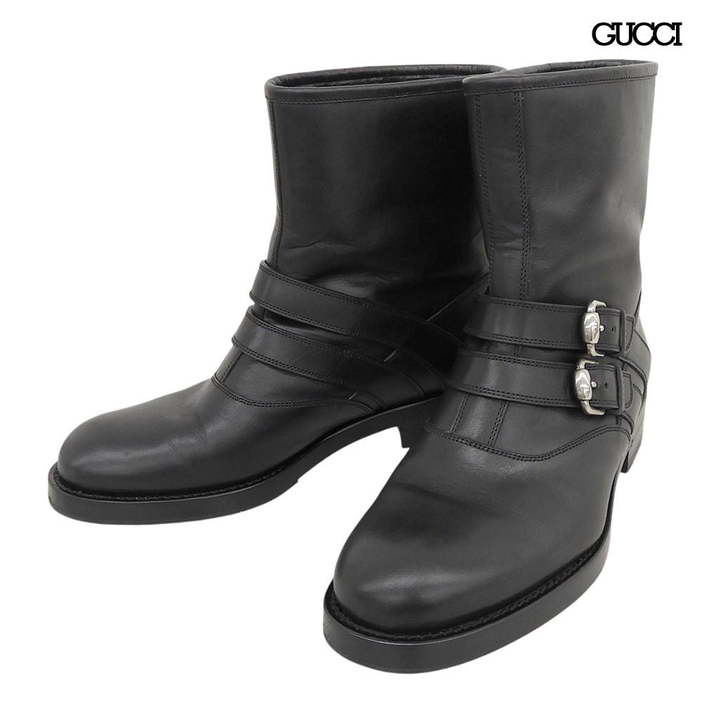 Gucci Leather Strap Biker Boots with Fleece Black 35.5