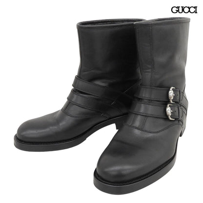 Gucci Leather Strap Biker Boots with Fleece Black 35.5