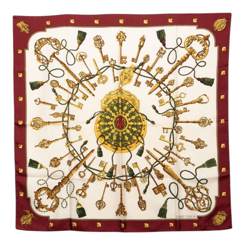 Hermes Carre 90 Les Leather Keys Rare Key Pattern Scarf Large Wine