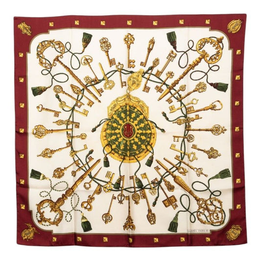 Hermes Carre 90 Les Leather Keys Rare Key Pattern Scarf Large Wine