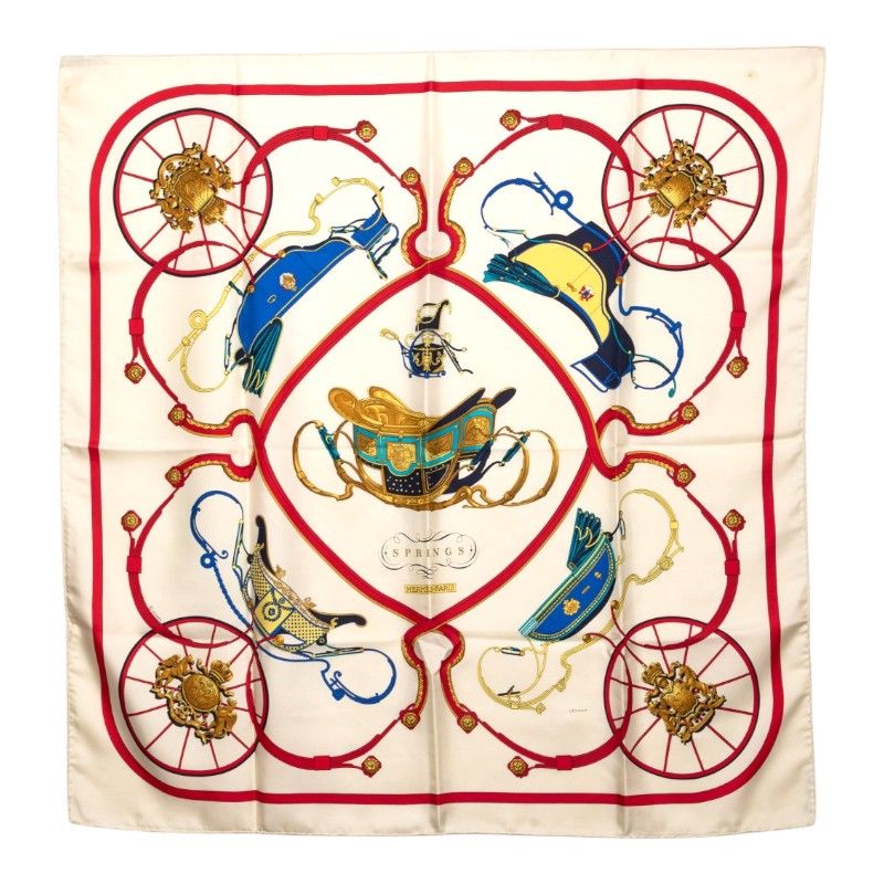 Hermes Carre 90 Spring Scarf Large White Multicolor Silk