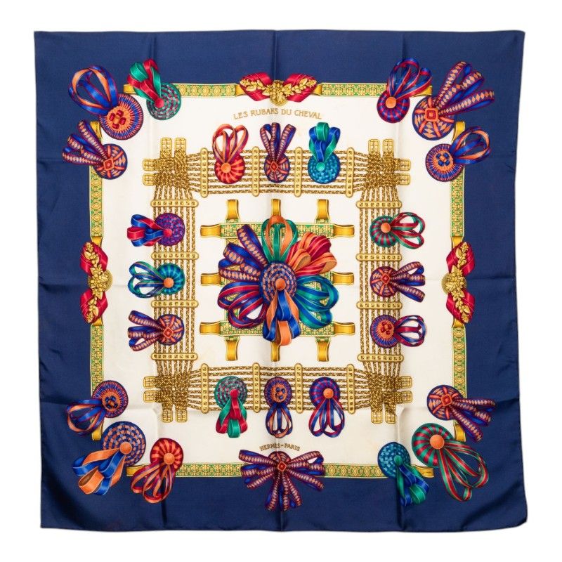 Hermes Carre 90 Les Rubans du Cheval Horse Ribbon Decoration Scarf Large Navy