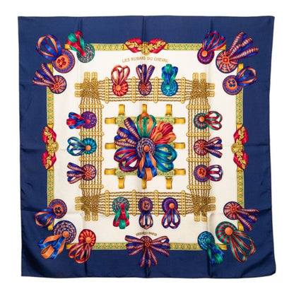 Hermes Carre 90 Les Rubans du Cheval Horse Ribbon Decoration Scarf Large Navy