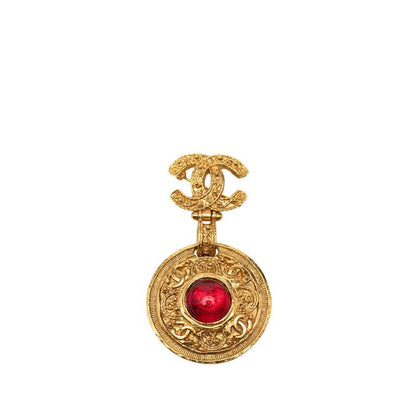 Chanel 04A CC Logo Gripoix Round Brooch 04 Gold Red Plated Glass