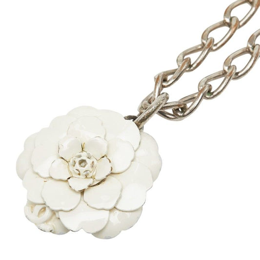 Chanel 04P CC Logo Camellia Motif Necklace Silver White Metal