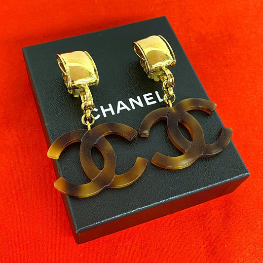Chanel 94P CC Logo Tortoiseshell Pattern Plastic Earrings Brown