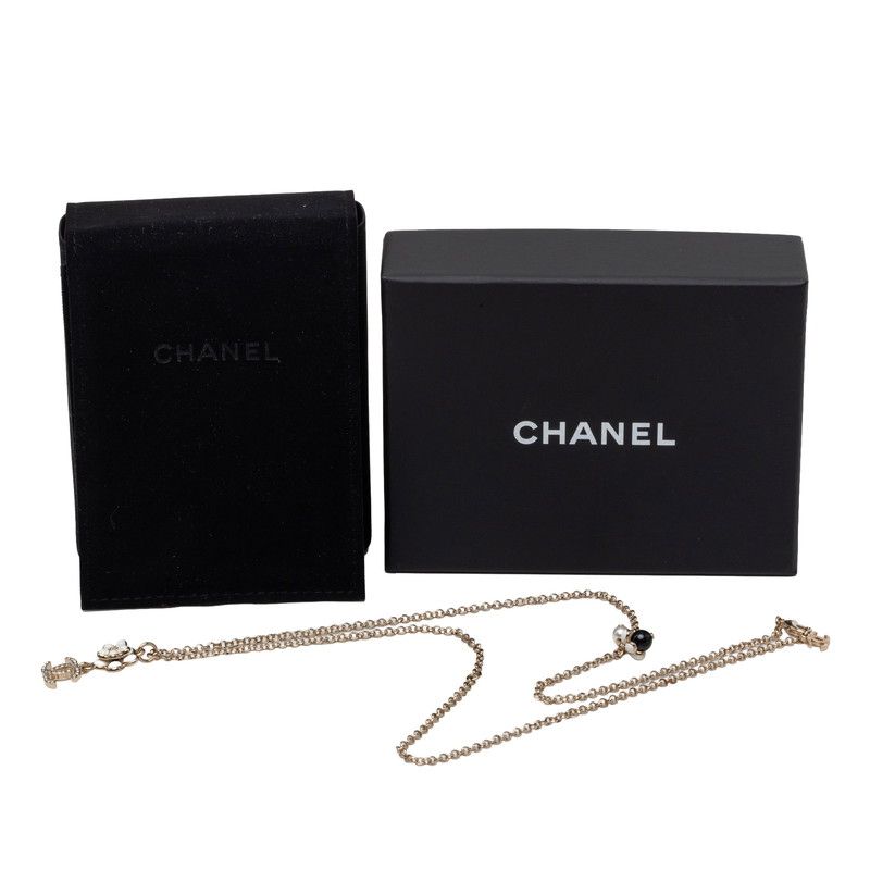 Chanel CC Logo Flower Motif Necklace Gold Black White Plated Faux Pearl — view 6
