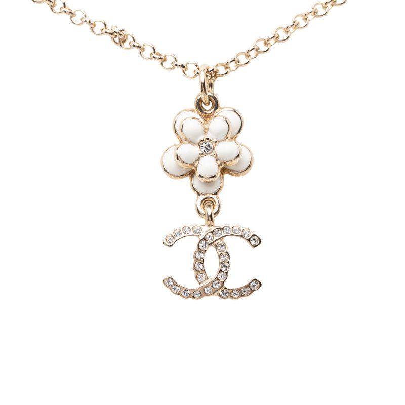 Chanel CC Logo Flower Motif Necklace Gold Black White Plated Faux Pearl