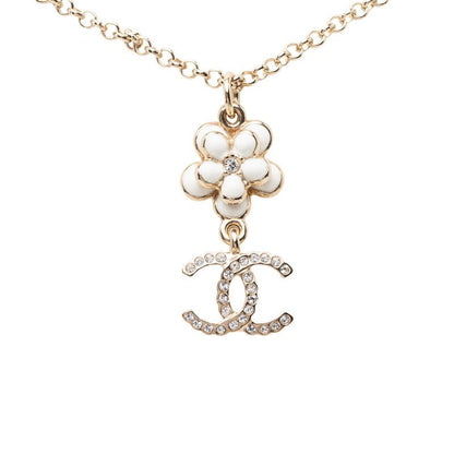 Chanel CC Logo Flower Motif Necklace Gold Black White Plated Faux Pearl