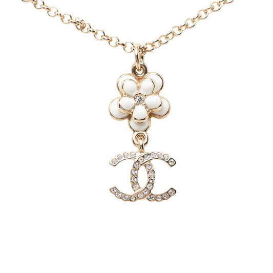 Chanel CC Logo Flower Motif Necklace Gold Black White Plated Faux Pearl