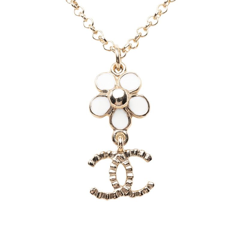 Chanel CC Logo Flower Motif Necklace Gold Black White Plated Faux Pearl — view 2