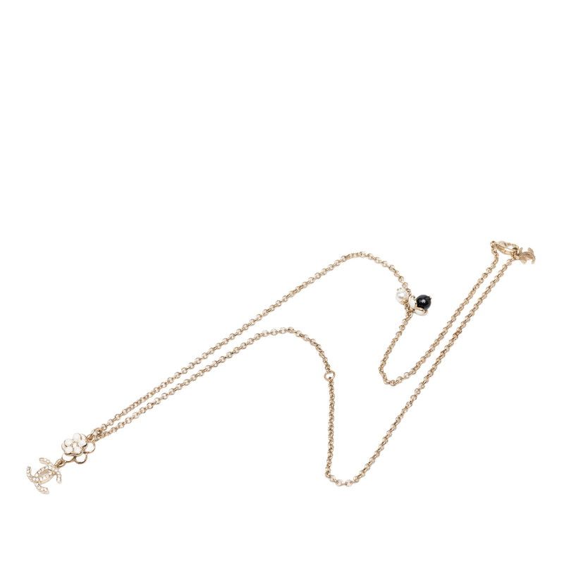 Chanel CC Logo Flower Motif Necklace Gold Black White Plated Faux Pearl — view 3
