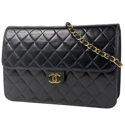 Chanel Quilted Single Flap Chain Shoulder Bag CC Logo Push Lock Leather Black