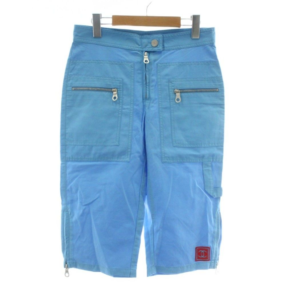 Chanel Sports Line Cropped Pants CC Logo Embroidery Patch Zip Fly Blue