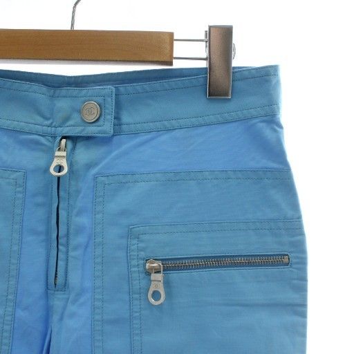 Chanel Sports Line Cropped Pants CC Logo Embroidery Patch Zip Fly Blue — view 5