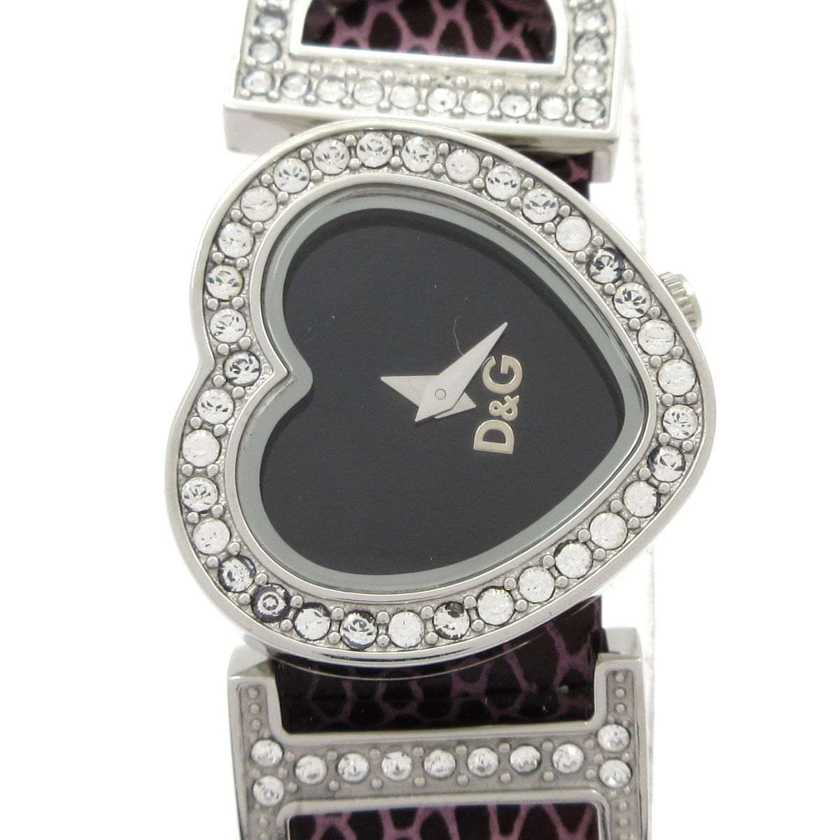 Dolce & Gabbana D&G Watch Heart Rhinestone Bezel Leather Embossed Black