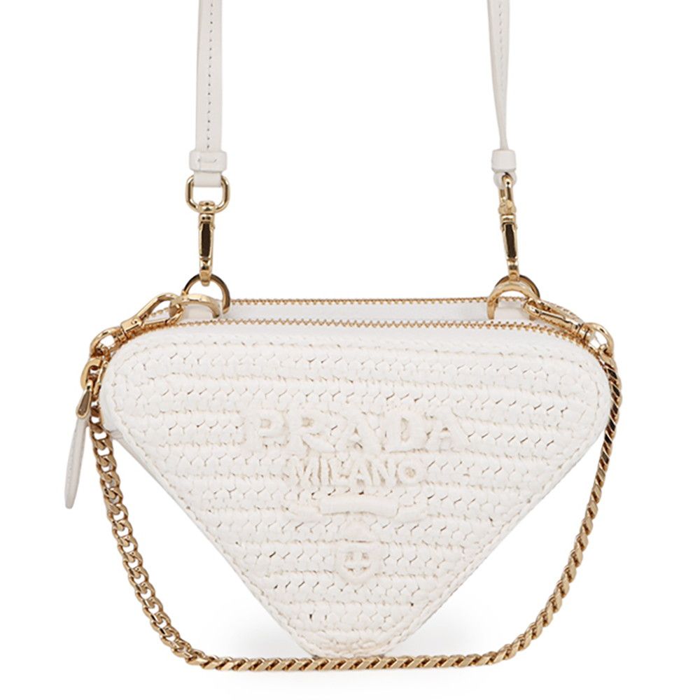Prada Shoulder Bag Saffiano Triangle Logo Mini Pouch Leather Raffia 2-Way White