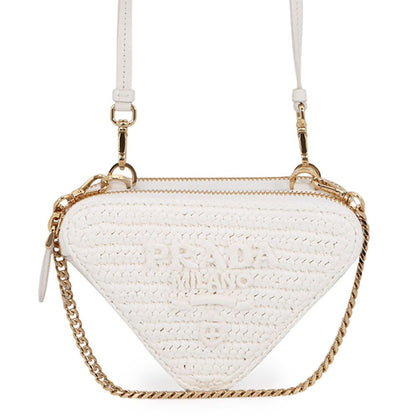 Prada Shoulder Bag Saffiano Triangle Logo Mini Pouch Leather Raffia 2-Way White