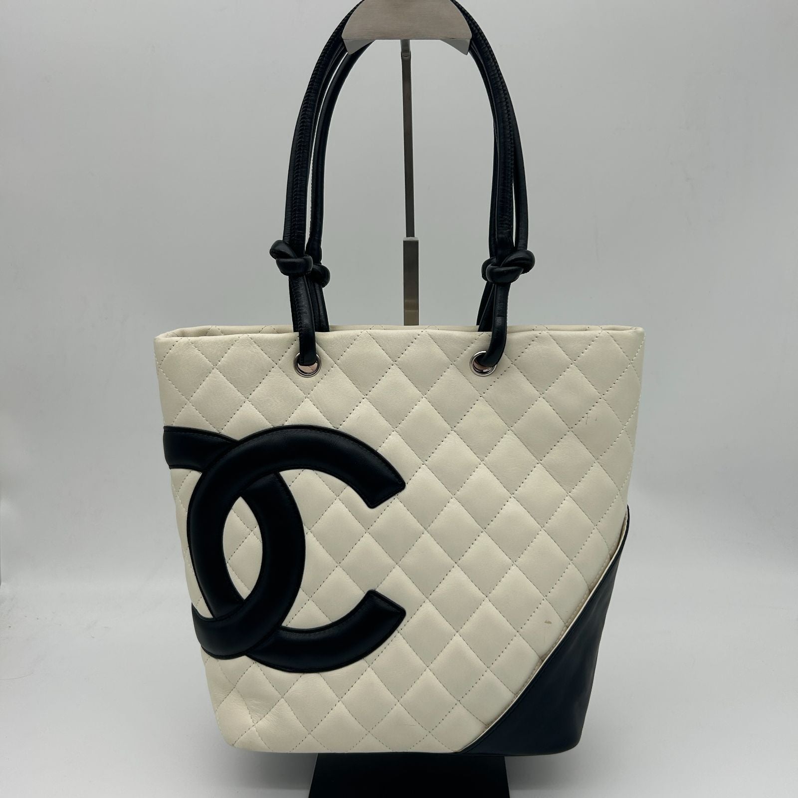 Chanel Cambon Line Tote Bag CC Logo Soft Calfskin White Black